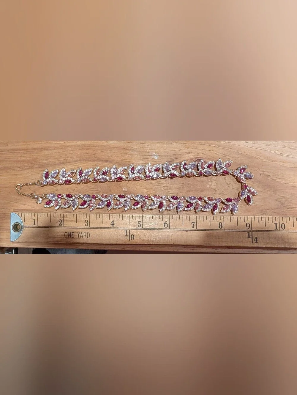 Gold-Tone Light And Deep Pink Crystal Leaf Necklace